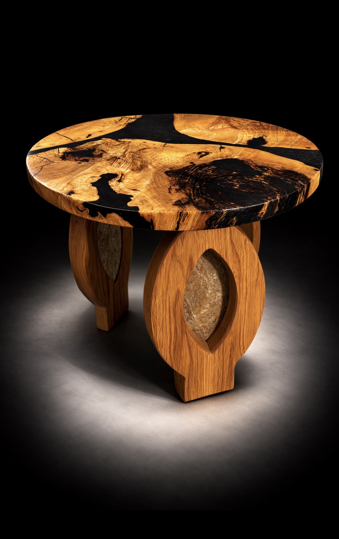 Round richly figured wood and black epoxy table with sculptural wooden base